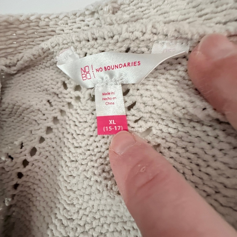 No Boundaries Cardigan XL Beige Pointelle Knit Open Front Long Sleeve Pockets - Picture 5 of 6